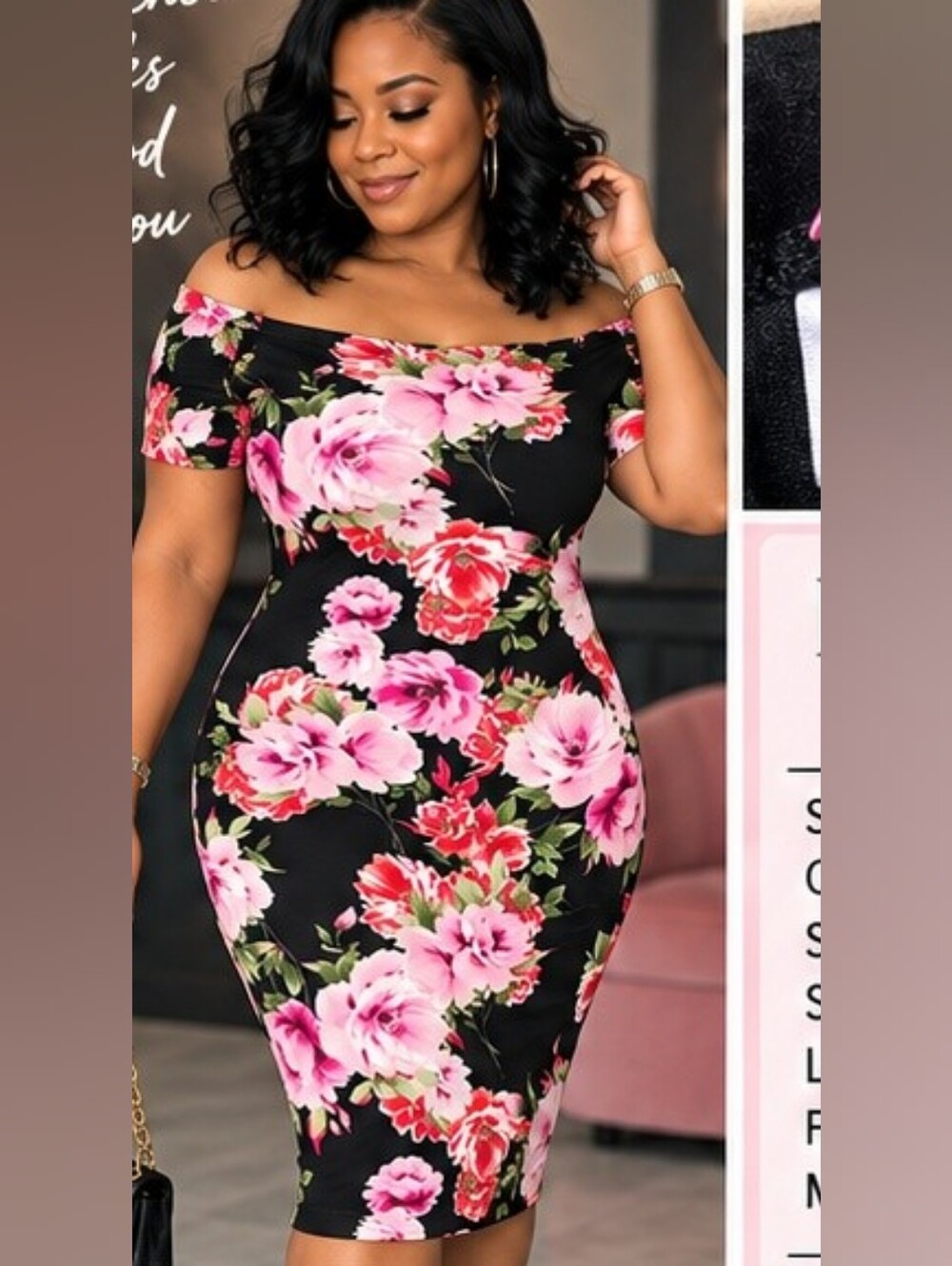 Rue21 Black Floral Bodycon Midi Dress with Pink Blooms